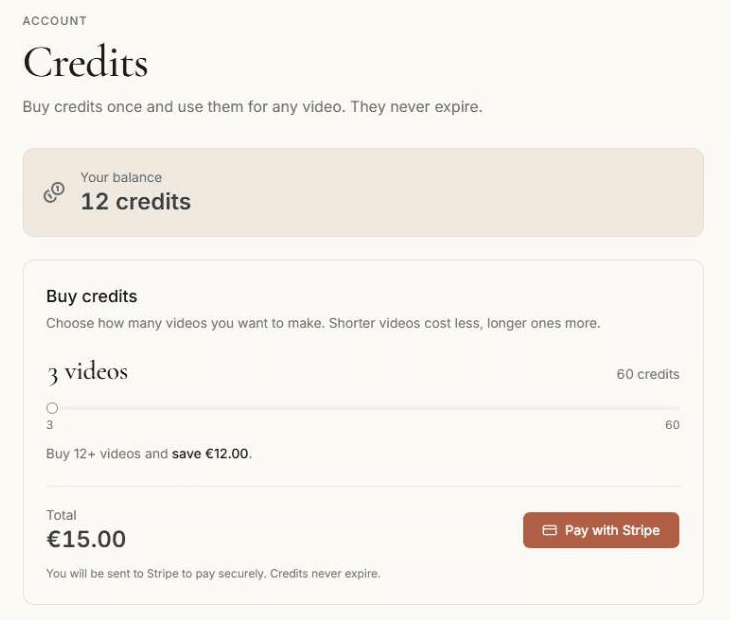 The Reelty credits page showing a balance of 12 credits and a slider to choose how many videos to buy
