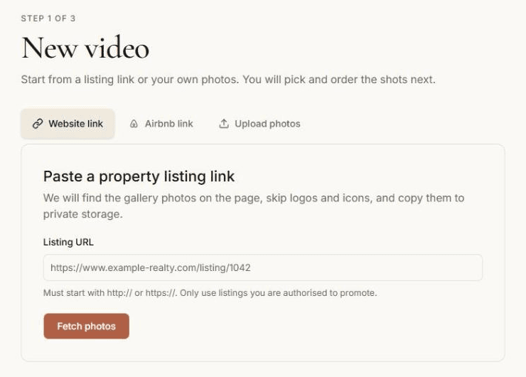The Reelty New video page with tabs for a website link, an Airbnb link or uploaded photos